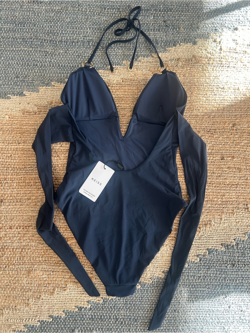 Reiss Deep Navy V-Neck Halter One-Piece Swimsuit - Picture 9 of 13